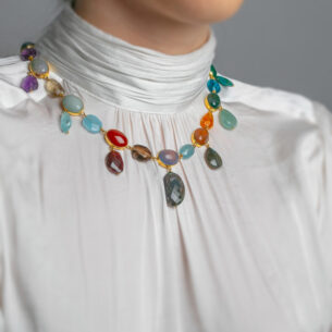 Gold Necklace with Semi Precious Cabochon Stones and Beads