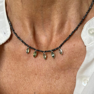 Black Rough Diamond Beads Necklace with Green Tourmalines Oona